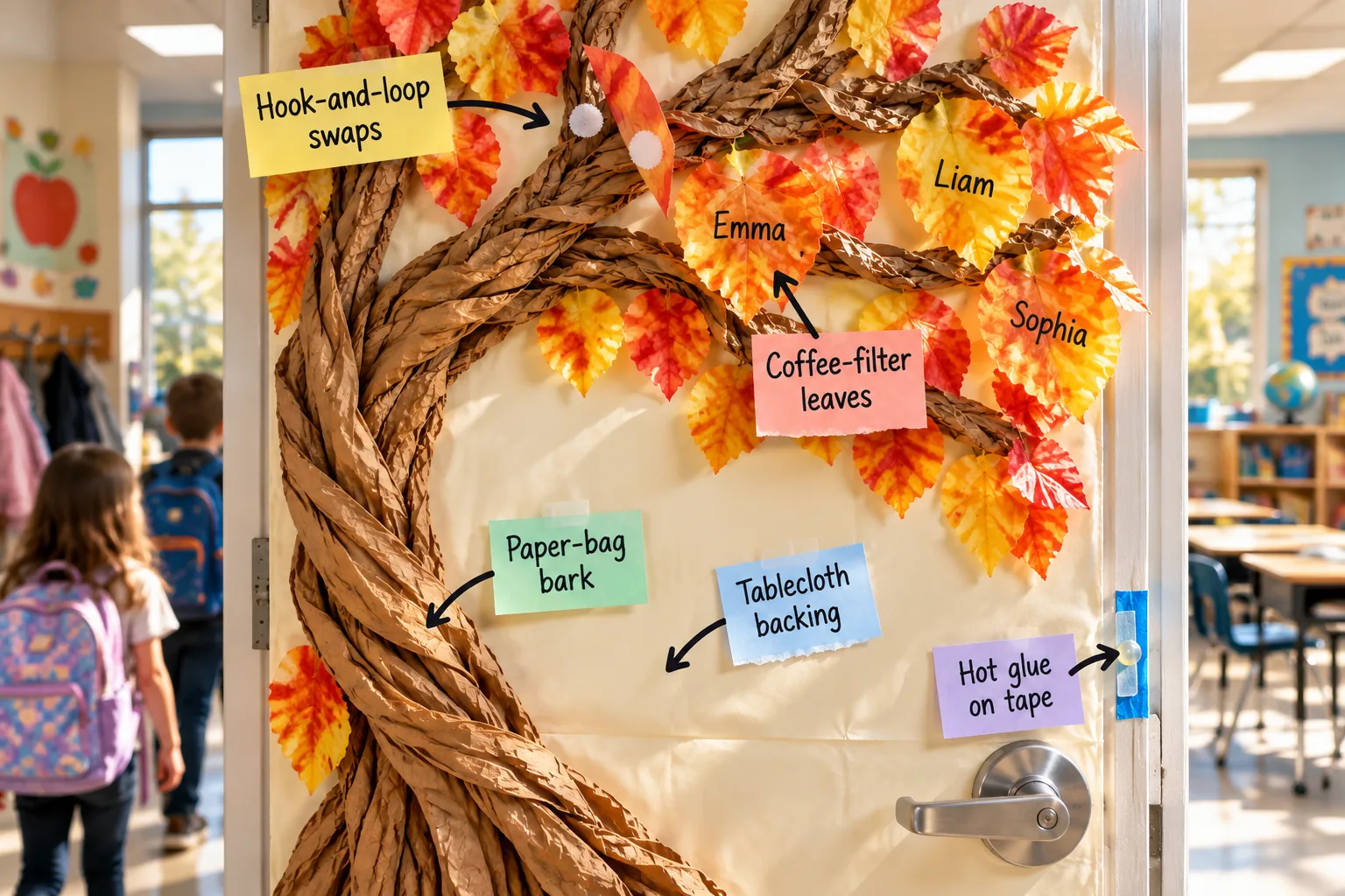 A classroom door decorated with a twisted brown paper bag tree and colorful coffee filter leaves bearing students' names, set against a cream tablecloth background.