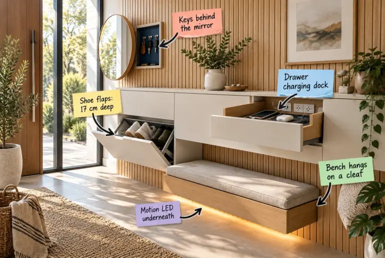 A modern entryway featuring pale oak slatted walls, a floating bench with undermount lighting, a tip-out shoe cabinet, and a swing-out mirror revealing hidden keys.