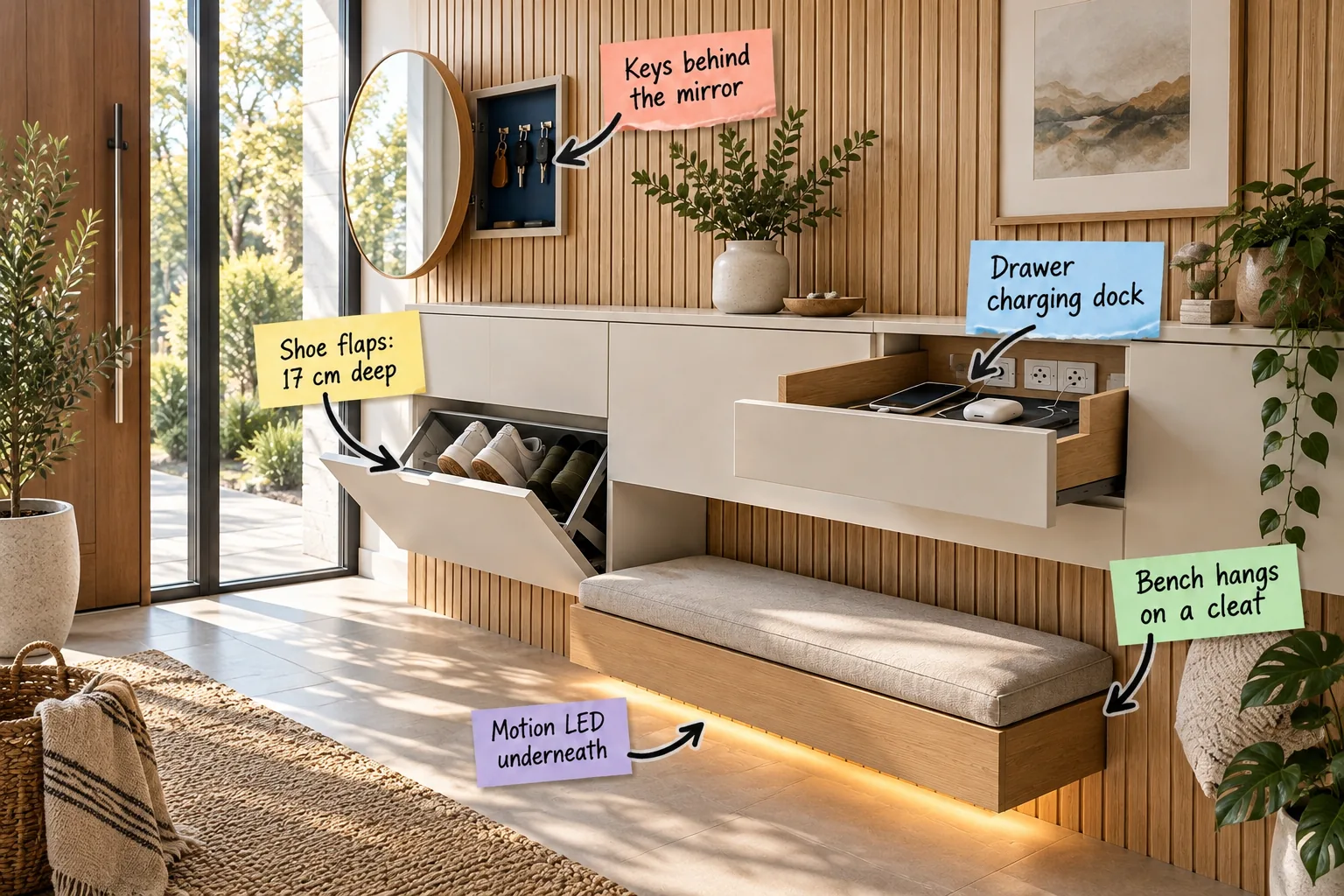 A modern entryway featuring pale oak slatted walls, a floating bench with undermount lighting, a tip-out shoe cabinet, and a swing-out mirror revealing hidden keys.