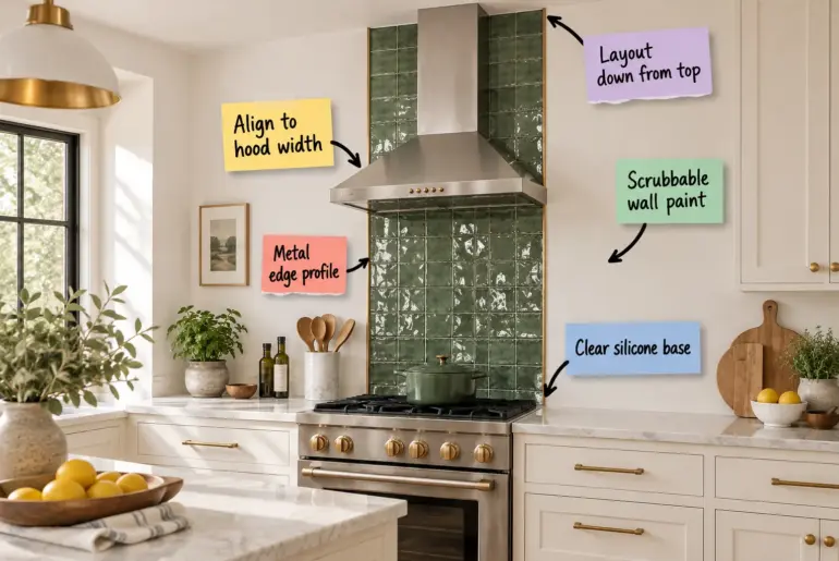 A bright kitchen featuring a cooking zone with a vertical column of glossy green tile extending behind the stove up to the ceiling, flanked by untiled painted walls.