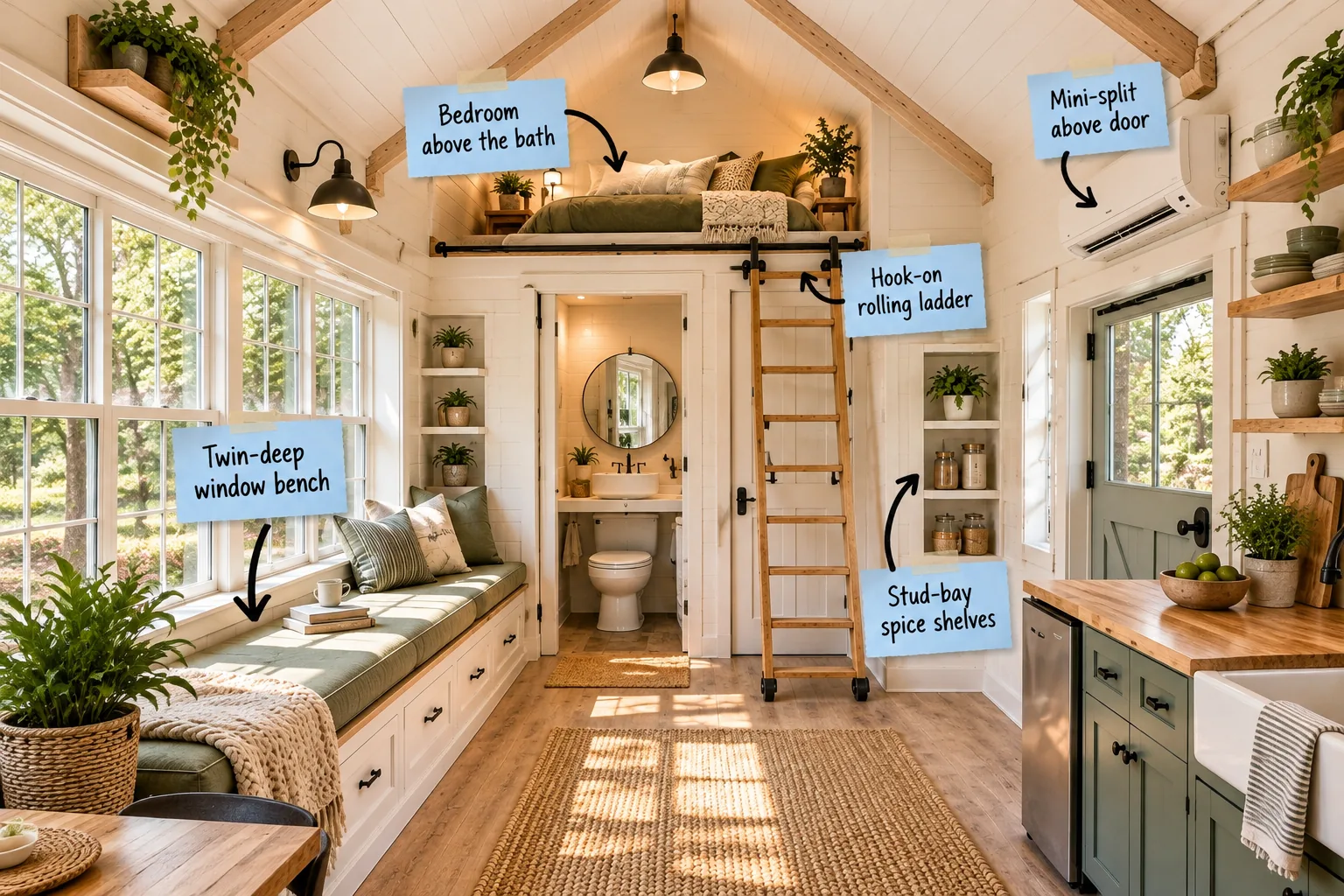 Interior view of a 12x24 shed converted into a tiny home, featuring a window bench, kitchenette, bathroom, and sleeping loft.