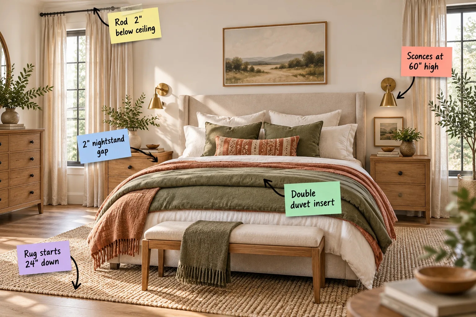 A styled primary bedroom with sticky notes pointing out specific measurements for curtains, sconces, nightstands, bedding, and the area rug.
