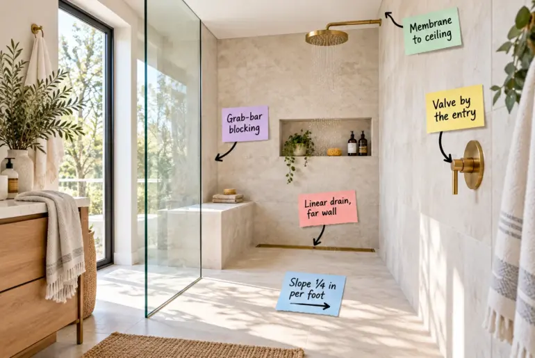 Bright curbless walk-in shower with large format tile, a linear drain at the back wall, and a brass valve near the glass entry.