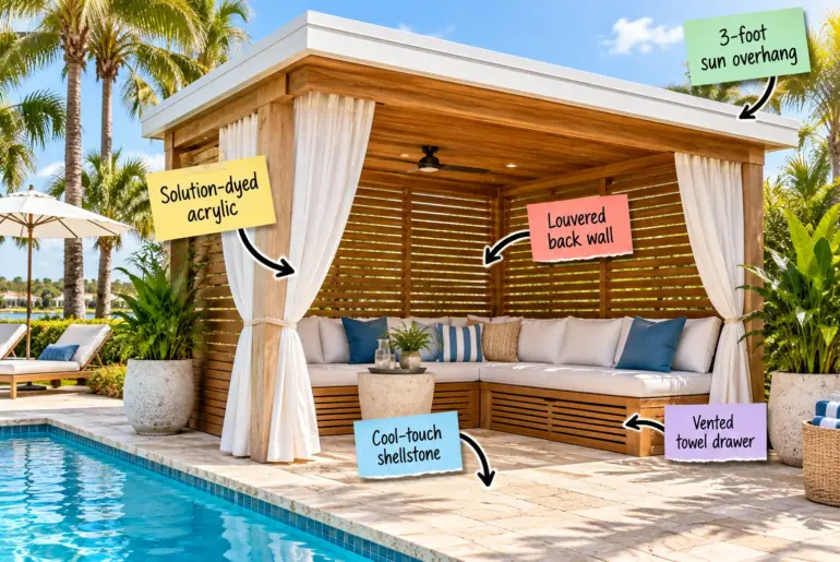 A luxurious wooden pool cabana with white curtains, a slatted teak back wall, built-in seating, and a stone floor next to a swimming pool.