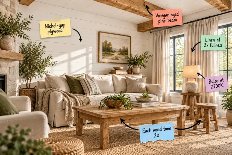 A bright farmhouse living room featuring a white plank wall, honey-toned ceiling beams, and a linen slipcovered sofa.