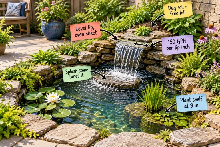 A small backyard corner pond with a stone waterfall, splash stone, and marginal plants.