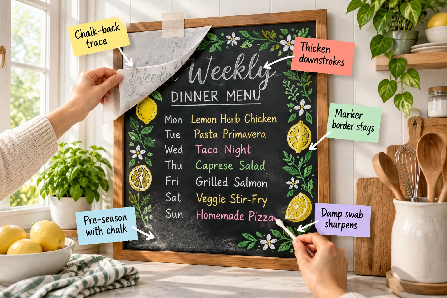 A framed black chalkboard on a bright white kitchen wall, lettered with a weekly dinner menu and a lemon border, with hands demonstrating chalk techniques.