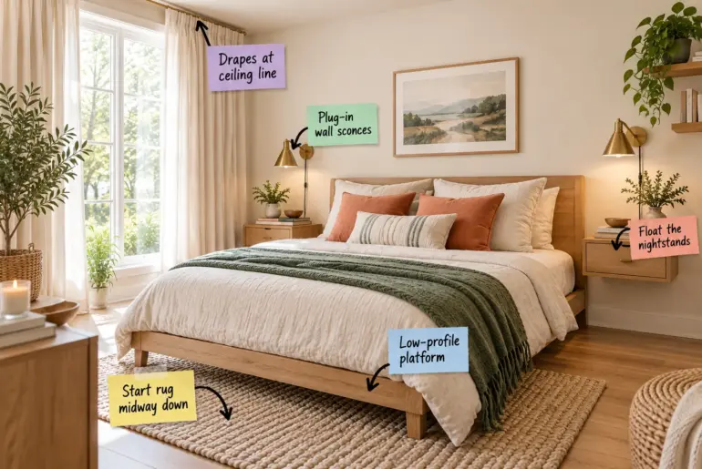 A styled small master bedroom featuring a low platform bed, floating wood nightstands, brass wall sconces, and ceiling-height beige drapes.