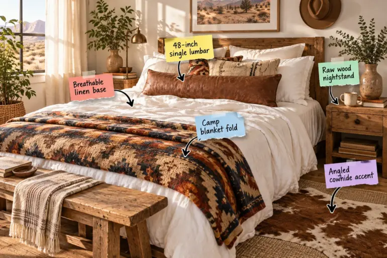 A beautifully styled western bedroom featuring a layered bed with white linens, a long leather pillow, a patterned wool blanket, a cowhide rug, and a wooden nightstand.