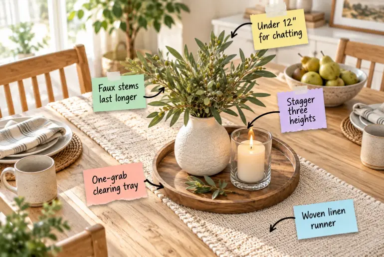 Everyday dining table decorated with a woven runner, round wooden tray, ceramic vase with olive branches, and a glass candle holder, with taped notes pointing out styling tips.