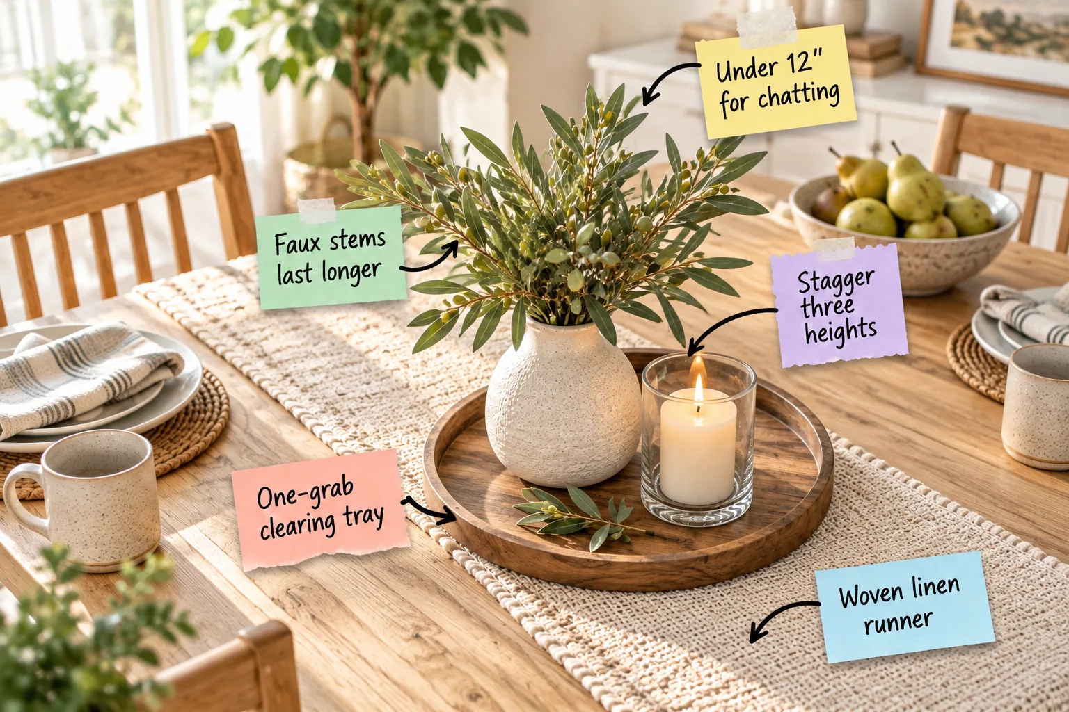 Everyday dining table decorated with a woven runner, round wooden tray, ceramic vase with olive branches, and a glass candle holder, with taped notes pointing out styling tips.