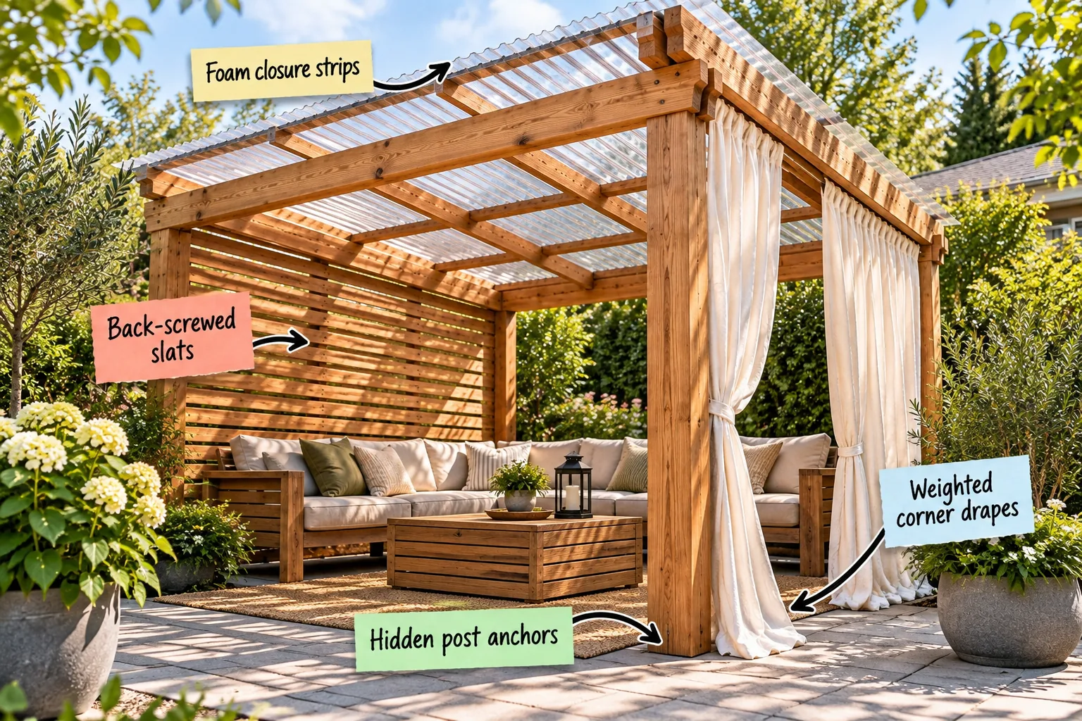 Modern wooden pergola with a clear corrugated roof, slatted privacy wall, outdoor sectional, and white corner curtains on a sunny patio.