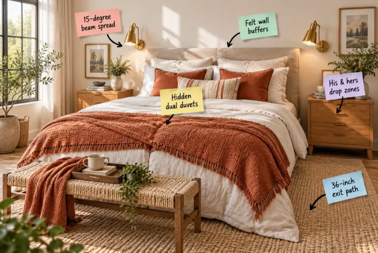 A styled king-sized bed with terracotta pillows, a textured throw, oak nightstands, and brass wall sconces in a bright bedroom.