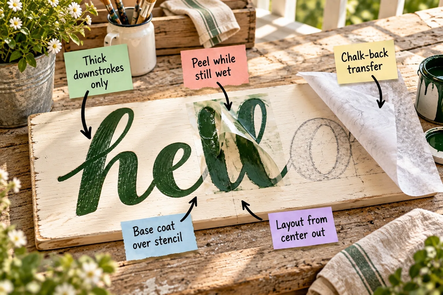 A warm-white wood board on a sunlit workbench with the word hello partially painted in forest green, showing a chalk-backed paper template being lifted.