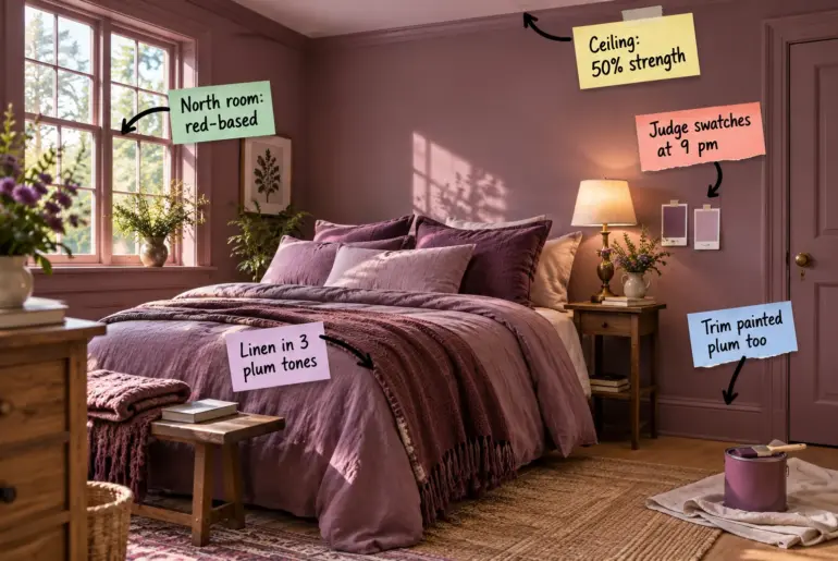 A sunlit dusty-plum bedroom featuring plum walls, a paler plum ceiling, and a bed layered in lilac, plum, and aubergine linens, with a closed paint tin by the door.