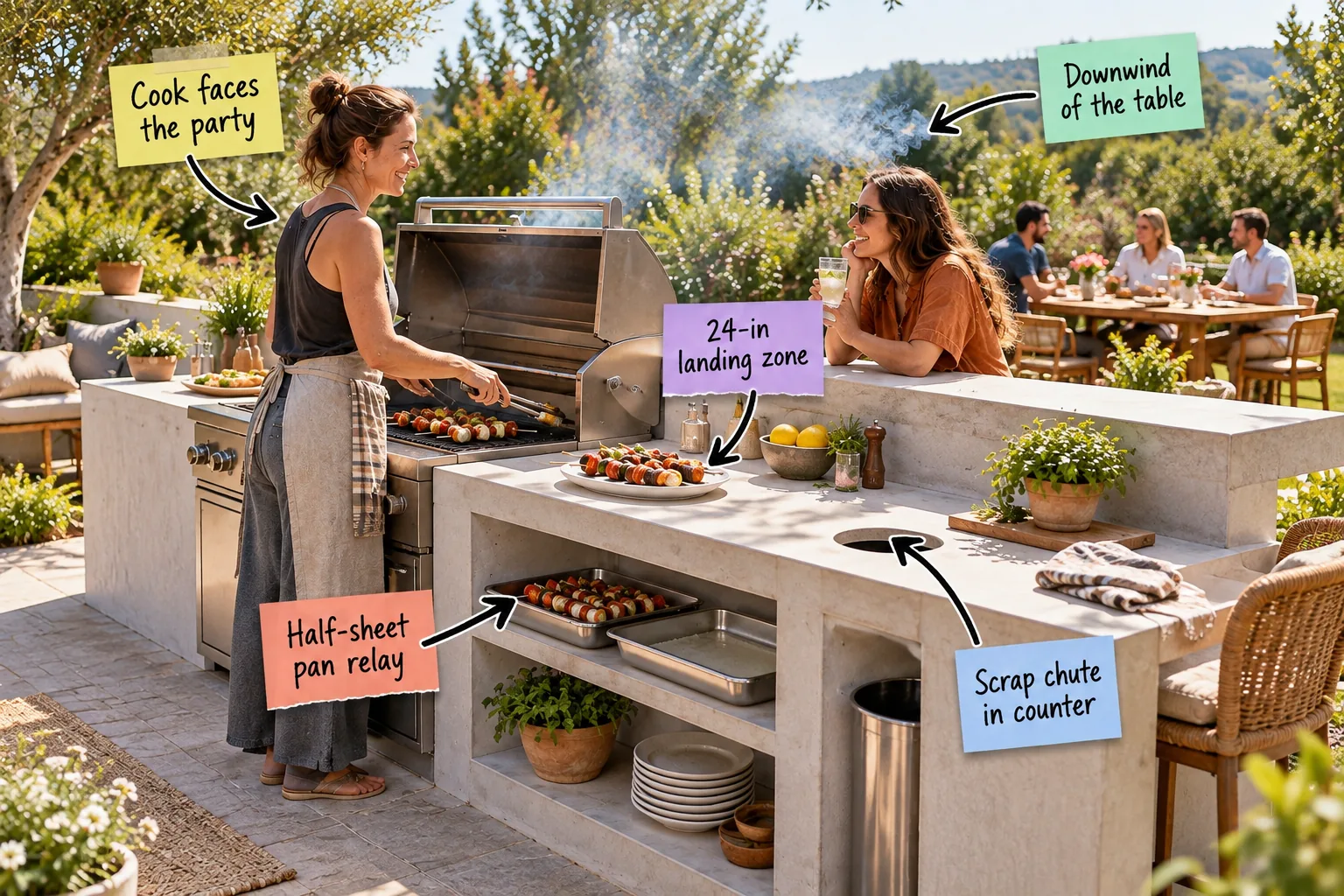 A woman grills skewers at a pale concrete outdoor grill station while a friend chats across the raised guest ledge.