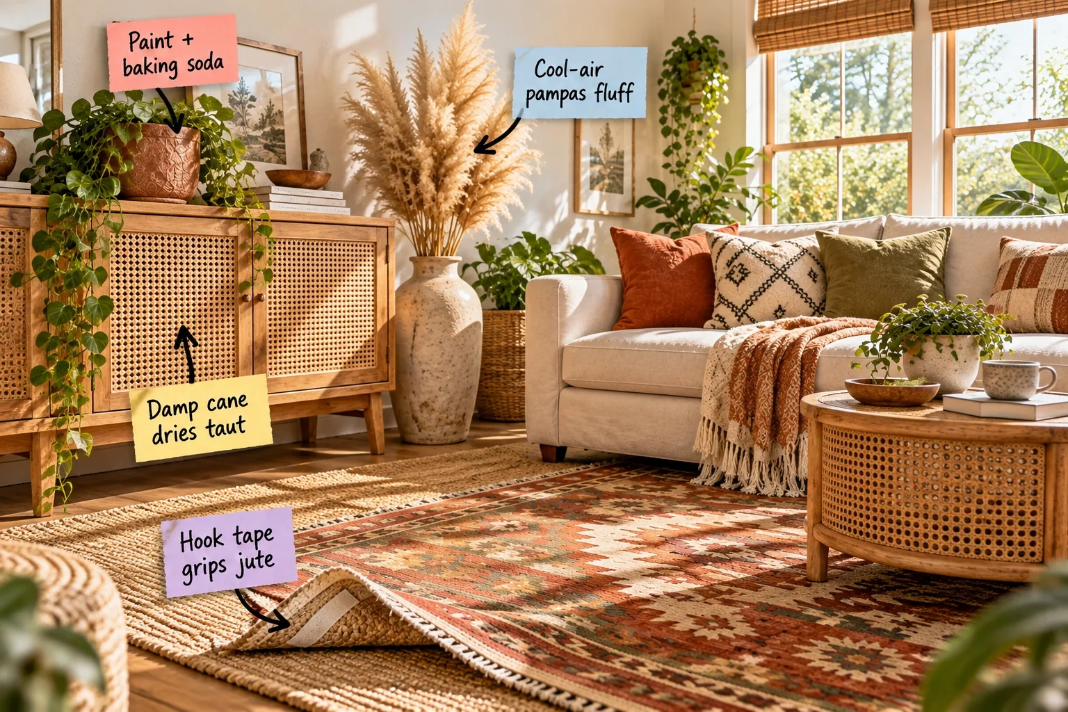 Sunlit boho living room featuring a cream sofa, layered rugs, a cane sideboard, and pampas grass.