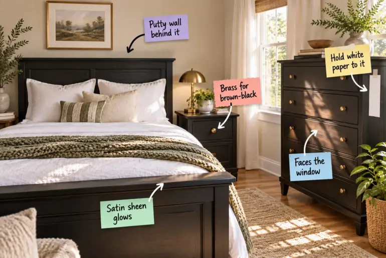 A styled bedroom featuring a black satin bed, nightstand, and dresser against a putty-colored wall with brass hardware and a white paper strip taped to the dresser.