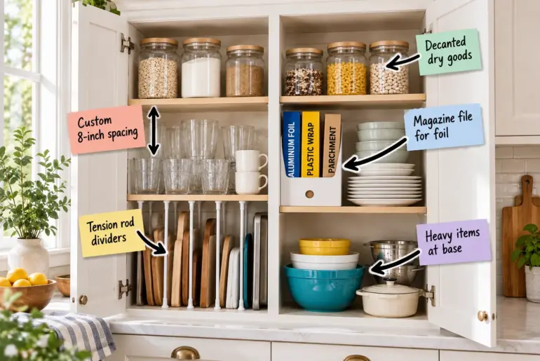 Open double kitchen cabinet with organized zones featuring glass jars, stacked glasses, foil in a magazine file, cutting boards between tension rods, and heavy bowls at the bottom.