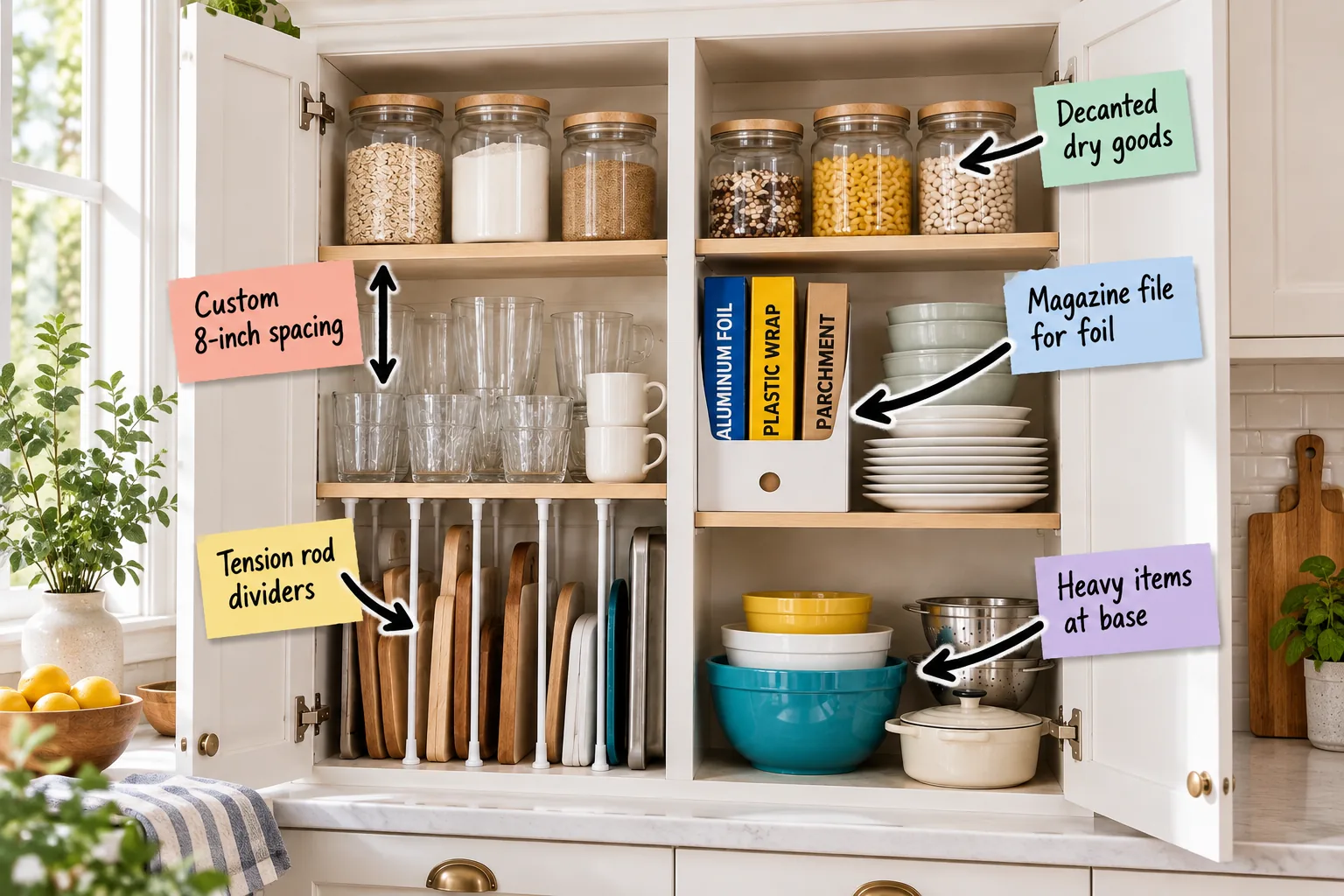 Open double kitchen cabinet with organized zones featuring glass jars, stacked glasses, foil in a magazine file, cutting boards between tension rods, and heavy bowls at the bottom.