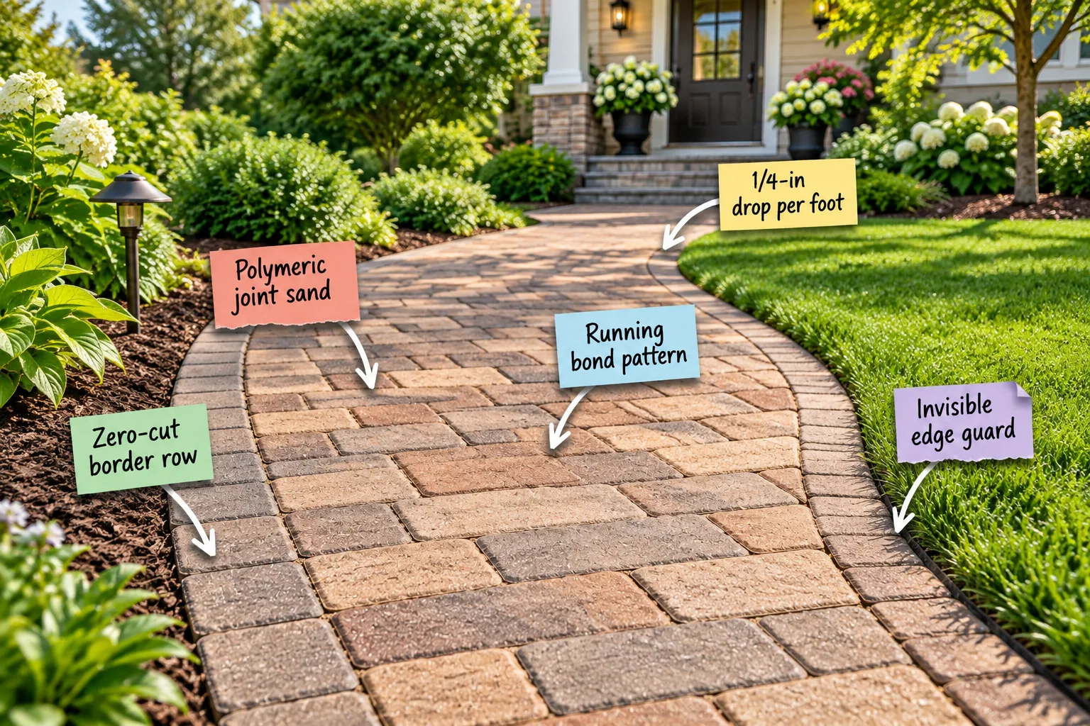 A gently curving paver walkway leading through a crisp green lawn toward a front porch.