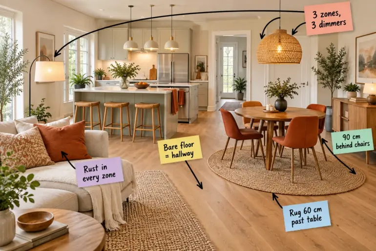A bright open-plan space divided into a living area with a linen sofa, a dining area with a round table on a jute rug, and a kitchen island, all connected by warm oak floors.