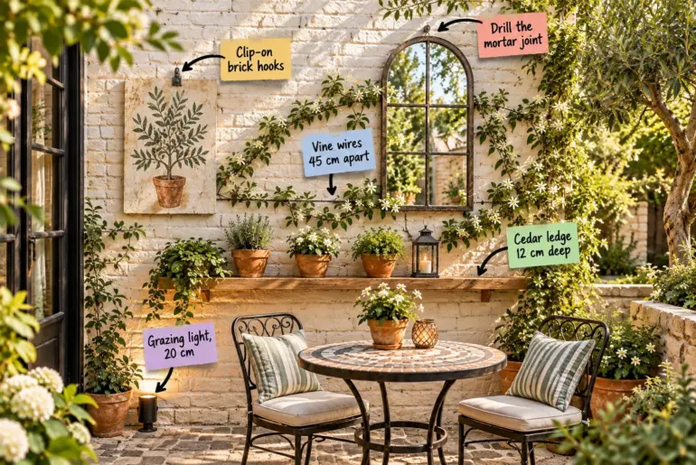 A small sunlit patio with a decorated limewashed brick wall, featuring a mirror, art, plants, and a bistro set, overlaid with instructional labels.