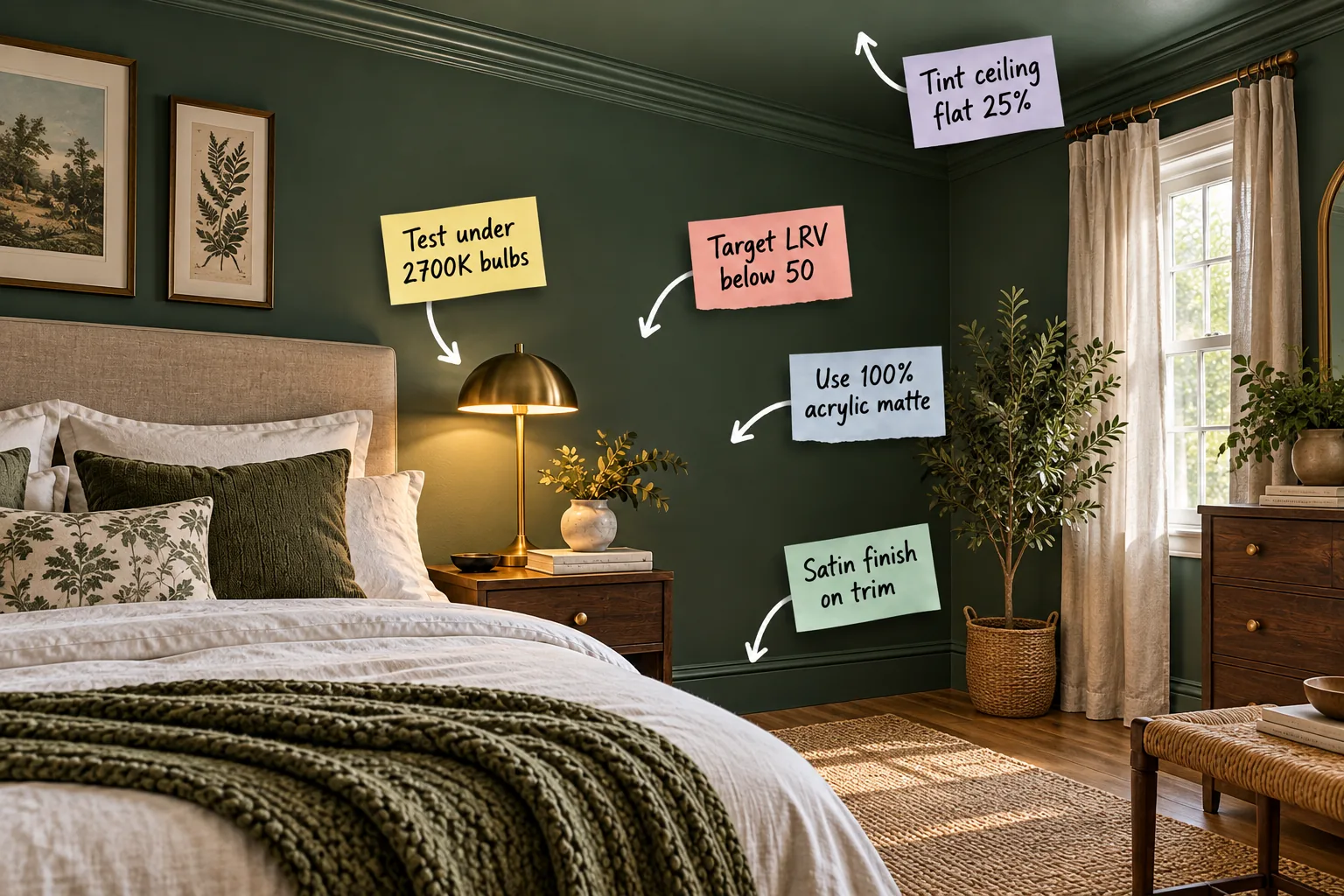 Deep green bedroom with a brass bedside lamp and five paint tip labels attached to the walls and ceiling.