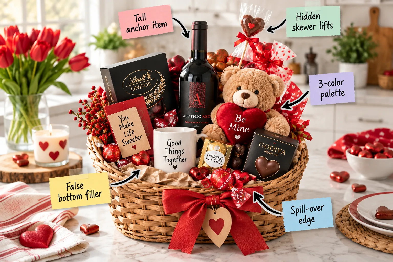 A beautifully styled Valentine's Day gift basket filled with red wine, chocolates, and a teddy bear sitting on a bright kitchen counter with descriptive styling labels.