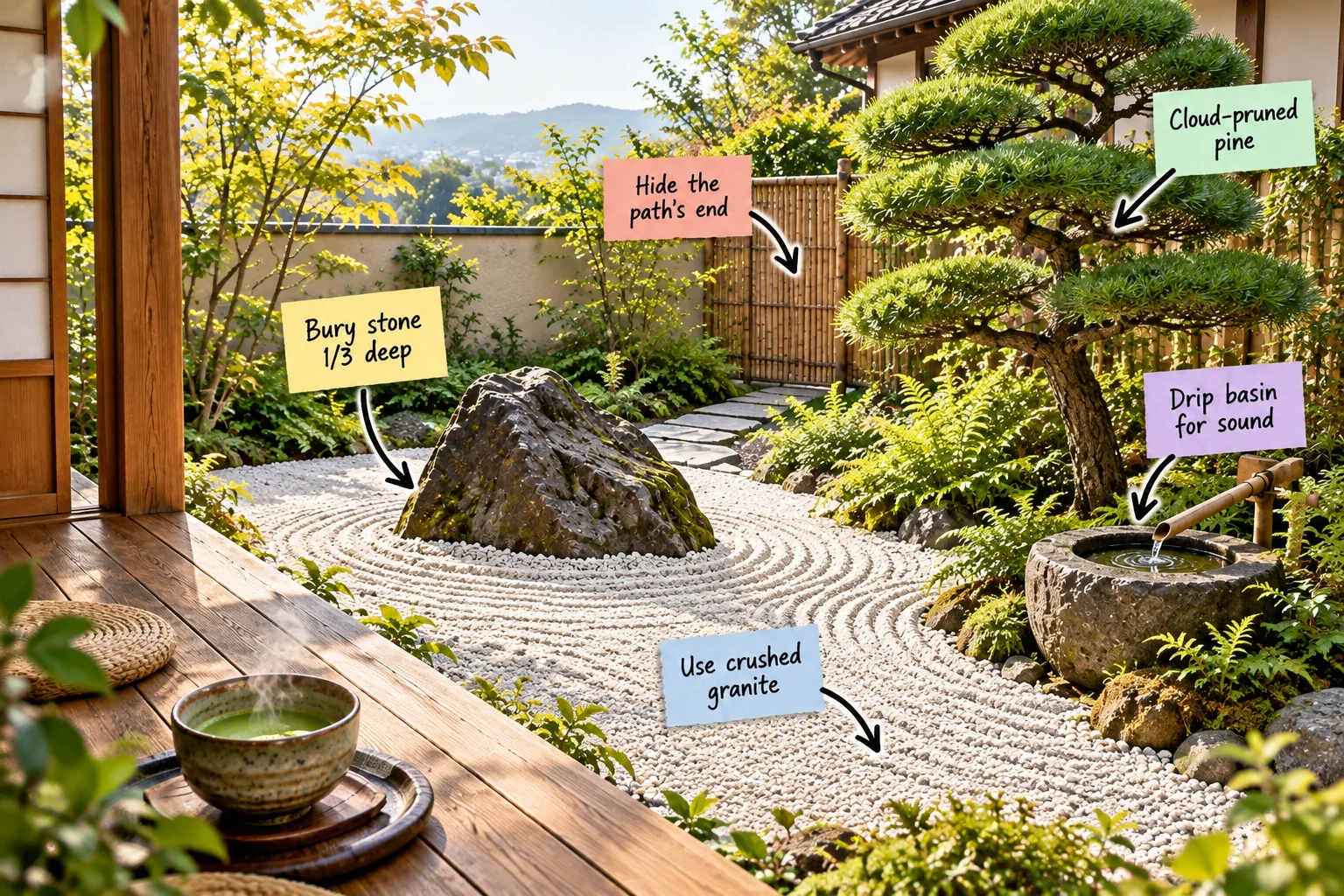 A serene Japanese courtyard garden viewed from a wooden porch with a cup of matcha tea, featuring raked gravel, a large stone, a bamboo screen, a shaped pine, and a water basin.