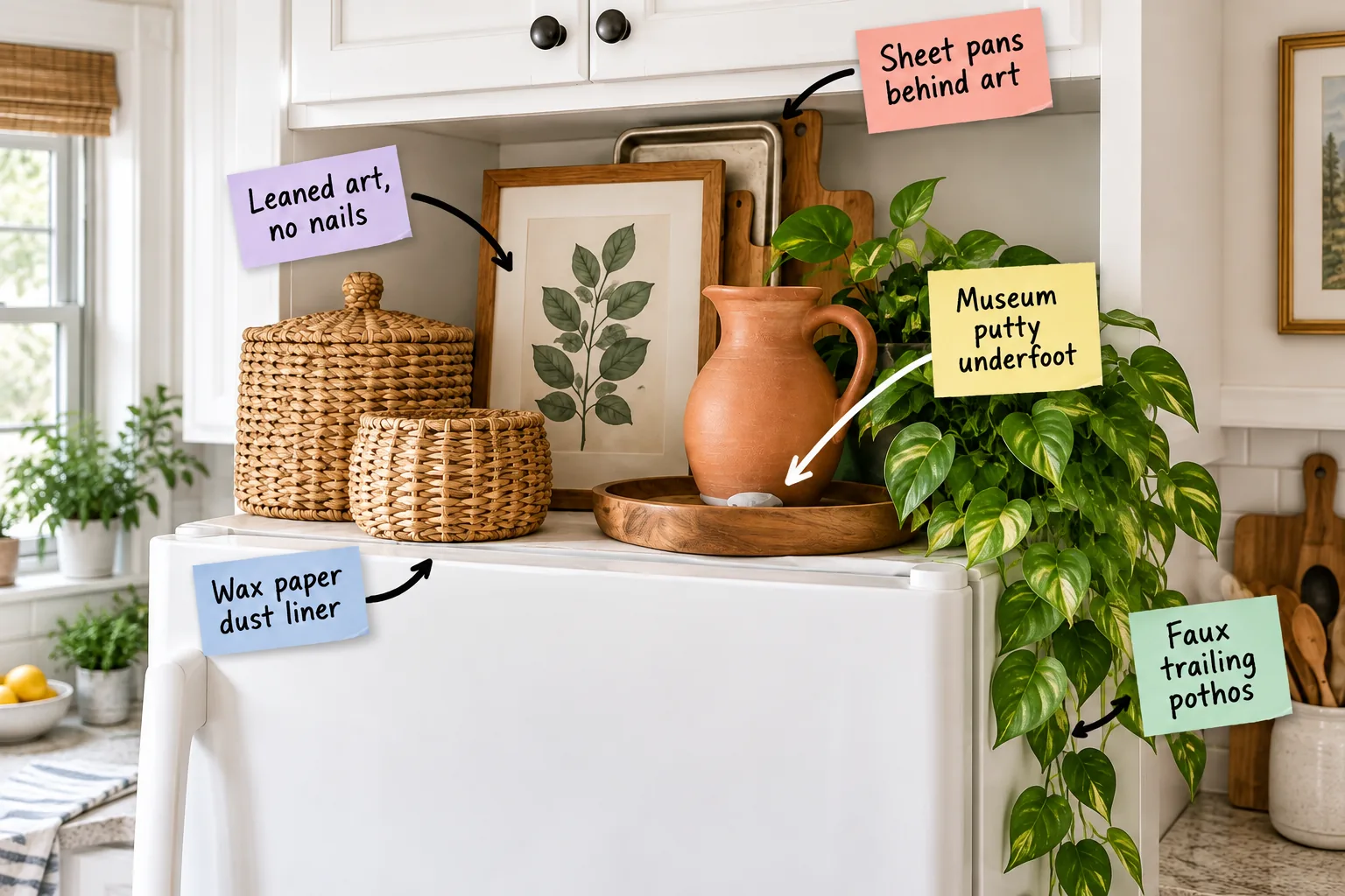 A white refrigerator top styled with woven baskets, leaned botanical art, a terracotta pitcher, and trailing faux pothos.