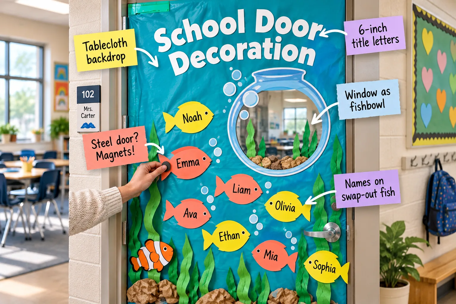 Turquoise classroom door decorated with a paper fishbowl window, green crepe paper seaweed, and coral paper fish bearing student names.