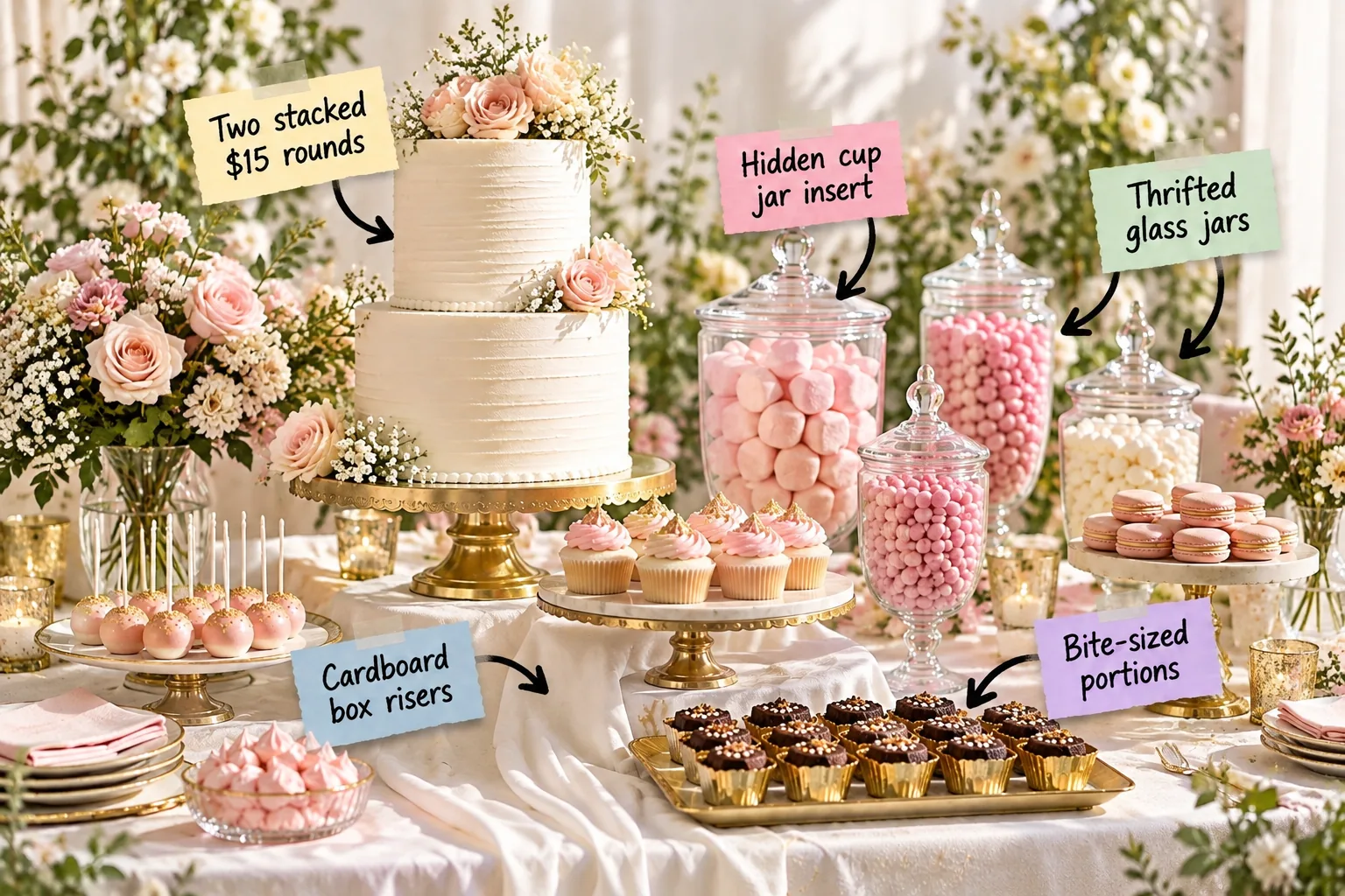Abundant blush pink and gold dessert table featuring a two-tier white cake, glass jars of candy, and trays of mini brownies on draped white risers.